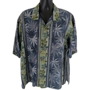 Tommy Bahama Relax Shirt XL 100% Linen Blue Green Floral Leaf Print Hawaii